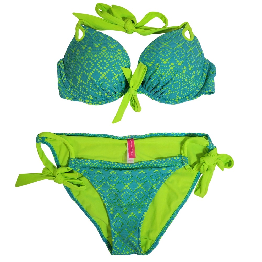 Victoria's Secret Bikini Set 34C M Turquoise Neon Lime Green Eyelet Lace Halter